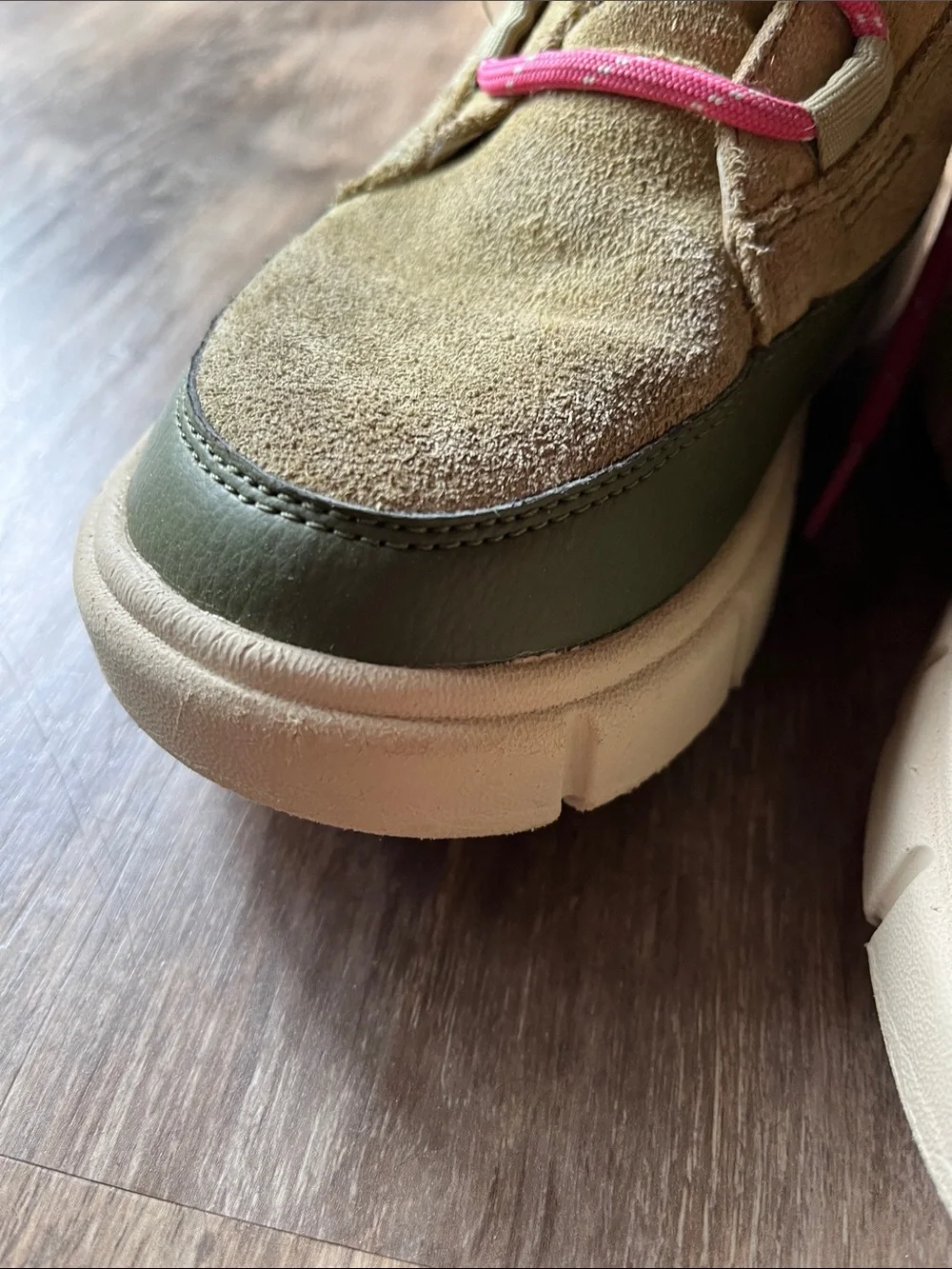 Sorel Kids Olive Suede & Green Rubber Winter Boot with Pink Laces